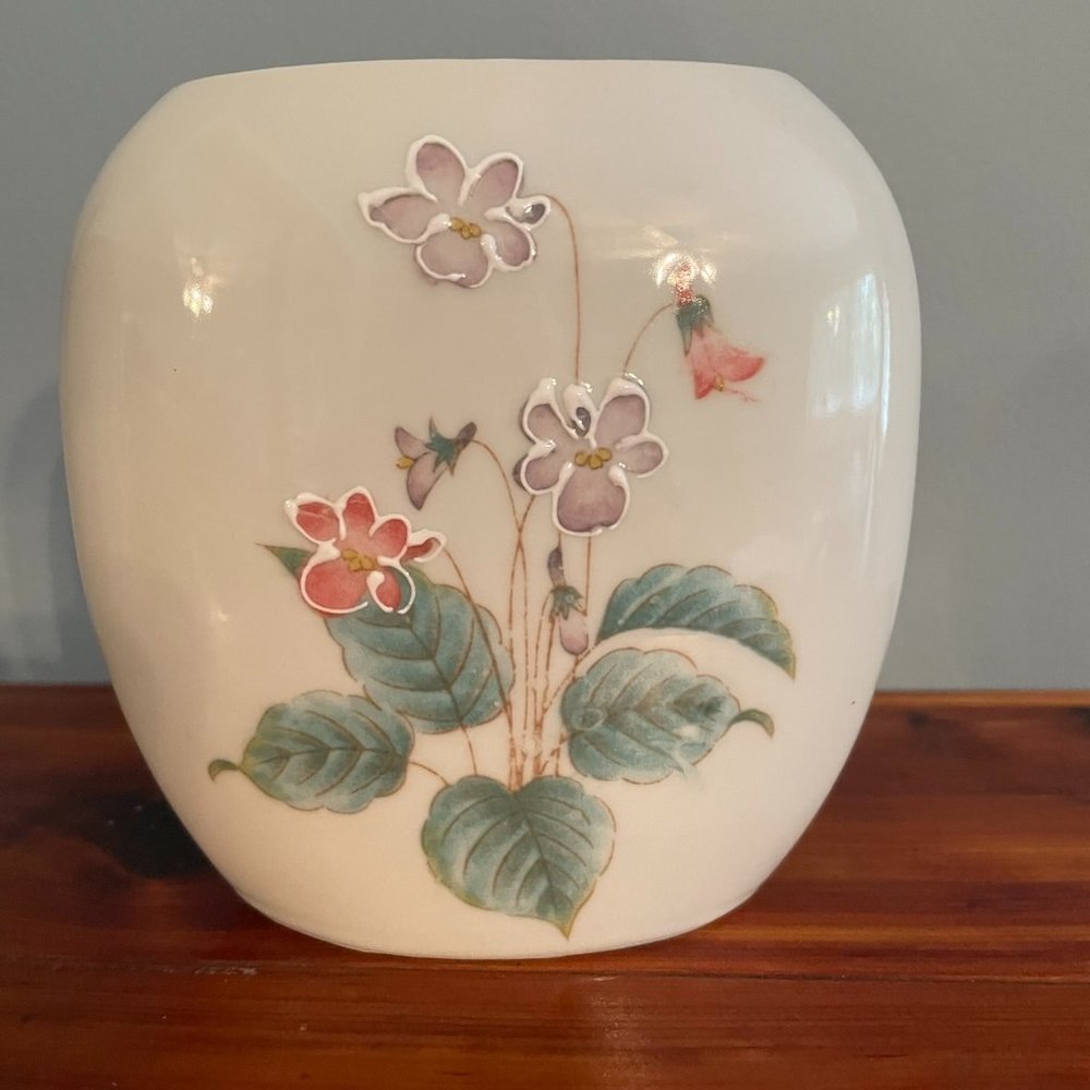 Vintage Violet Otagiri Japan Vase Hand Painted Raised Flowers 4.5" EUC Pillow